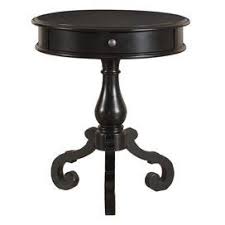 Round Accent Table In Distressed Black With Curled Legs And A Drawer Product Accent Tableconstruction Mat Round End Tables Pedestal Side Table Side Table