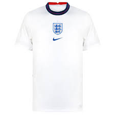 A white jersey with the nike swoosh and three lions logo in the centre, it's a generic dark blue collar and sleeve pattern. Nike England Home Shirt 2020 2021