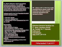 Bagi sobat yang saat ini sedang mencari lowongan pekerjaan khususnya untuk daerah kabupaten purbalingga kali ini nyonyor.com akan sedikit memberikan informasi update lowongan pekerjaan terbaru kabupaten purbalingga. Lowongan Kerja Pt Sinar Cendana Abadi Riwayat Hidup Kerja Keras