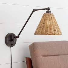 Rowlett Bronze Rattan Shade Plug In Wall Lamp 73p51 Lamps Plus Adjustable Wall Lamp Plug In Wall Lamp Rattan Shades