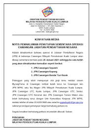 It is responsible for the registration of important events of every individual such as birth, death, adoption, marriage and divorce. Jpn Wilayah Persekutuan Kuala Lumpur Twitterissa Pemakluman Penutupan Sementara Operasi Jabatan Pendaftaran Negara Cawangan Seputeh Cawangan Kepong Dan Cawangan Bandar Tun Razak Bermula Pada 20 Januari 2021 Amanahcekapmesra Jpnm Official