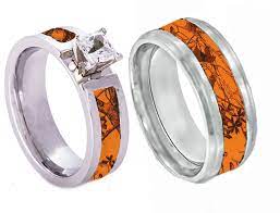 Orange Camo Band Couples Ring Set With Stone Camo Wedding Rings Sets Camo Wedding Rings Camo Promise Rings