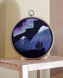 Northern Lights Aurora Borealis Mountain Embroidery Hoop Hand Embroidered Decorative Hoop Northern Lights Aurora Borealis Embroidery Embroidery Hoop