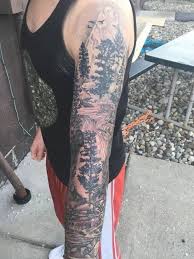 Forest Landscape Half Sleeve Tattoos For Men Black Top Red Pants White Sneakers In 2020 Girls With Sleeve Tattoos Half Sleeve Tattoos Lower Arm Forest Tattoo Sleeve