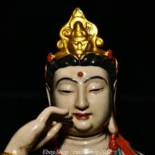 27.5''Old Chai Kiln Porcelain Gold Kwan-yin Guan Yin Boddhisattva Goddess  Statue