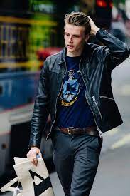 Fall Style Inspiration With A Black Leather Jacket Gray Chinos Brown Leather Belt Navy T Shirt Leather Jacket Outfit Men Leather Jacket Leather Jacket Outfits
