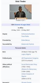 The children of the national leader of the all progressives congress (apc) are; Chisom On Twitter You Guys Forgot To Change Tinubu S Age On Wikipedia Https T Co Vdeb08ekx8