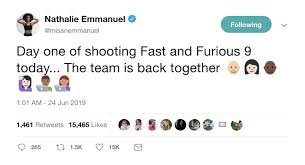 Nathalie emmanuel cut a casual figure as she films scenes for fast and furious 9 in parliament square in edinburgh this week. Fandom On Twitter Nathalie Emmanuel Confirms Fast And Furious 9 Has Begun Filming And It Looks Like Dom Letty Tyrese Mia And Ludacris Are There Too Https T Co Hbtcozzx86