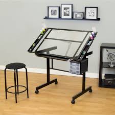 Studio Designs Vision 2 Piece Clear Glass Top Drafting Table With Stool Vision Craft Station And Stool Black Craft Station Studio Table Drawing Table