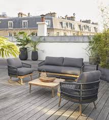 Jardin piscine mobilier de jardin et jeux salon, table et chaise de jardin salon de jardin helloshop26, présentation produit: Salon De Jardin 2 3 Places En Resine Tressee Gris Anthracite Et Acacia Massif Imitation Teck Mozambia Maisons Du Monde