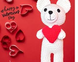 Valentine's Day Teddy Bear, Handmade Crochet Bear, Valentine's Day Gift,  Amigurumi Bear with Heart, White Teddy Bear, Free Shipping!