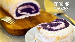 Red Ribbon Ube Brazo De Mercedes Filipino Purple Yam Rolled Into A Meringue Cooking With Kurt Youtube