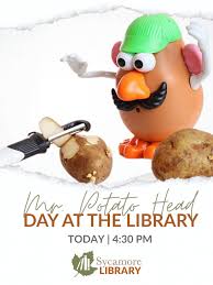 🥔 Mr. Potato Head Day at Sycamore Public Library 🥔 What better way to  celebrate than by creating your own Mr. or Mrs. Potato Head? Join us for a  fun, hands-on craft
