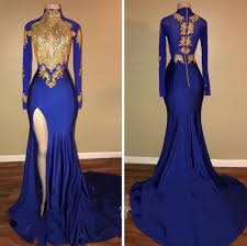 Long Sleeves Royal Blue Prom Dress With Gold Appliqued Lace Prom Dresses Long With Sleeves Gold Prom Dresses Long Prom Dresses With Sleeves