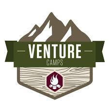 Brown mountain logo with maroon campfire and green banner that reads 