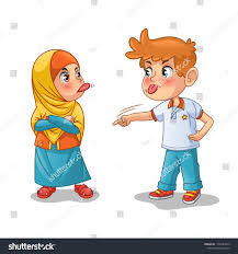Muslim Girl And Boy Mock Each Other By Showing Their Tongues Cartoon Character Design Vector Illustration Isolated Against White Backgr Kartun Anak Pendidikan