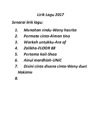 Semoga lagu tersebut bisa menghibur anda. Doc Lirik Lagu 2017 Senarai Lirik Lagu Syuhada Siti Academia Edu