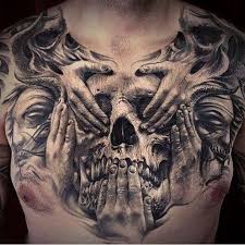 See No Evil Hear No Evil Speak No Evil Skulls Tattoo Hear No Evil See No Evil Speak No Evil Chest Piece By Carlgracetattoos At Aged In Oaktattoo In Las Veg Cool Chest Tattoos Chest Tattoo Men Chest Piece Tattoos