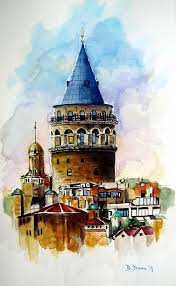 Galeri Suluboya Calismalari Galata Kulesi 29x42 Cm Resim Tablolar Istanbul