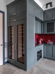 gray cabinets and red backsplash
