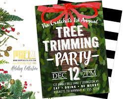 Christmas Tree Trimming Party Trim The Tree Boxwood Wreath Red Ribbon Christmas Par Tree Trimming Party Christmas Party Invitations Christmas Tree Trimming