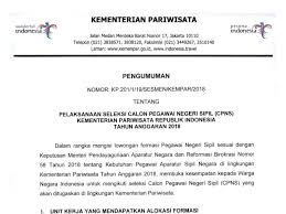 Negara (casn) kementerian pariwisata dan ekonomi kreatif/badan pariwisata dan ekonomi kreatif republik indonesia tahun anggaran 2021. Kementerian Pariwisata Buka Lowongan Cpns 2018