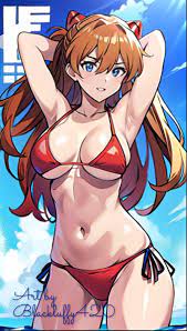 1girls ai generated armpits arms behind head asuka langley sohryu  beach big breasts bikini blue eyes busty cleavage confident large breasts  legs long hair looking at viewer navel neon