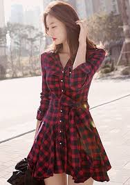Red Plaid Single Breasted Ruffle Belt Wavy Edge Dress Dress Shirt Sleeves Long Sleeve Dress Plaid Skater Dress
