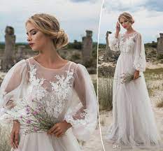 Discount Romantic Puffy Lace Sheer Bohemian Garden Wedding Dresses Beach Spring Boho Pregnant Country Style 2018 Vestido De Novia Formal Bridal Gown Tea Length Trendy Wedding Dresses Wedding Dresses Lace