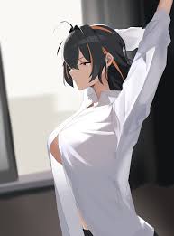 toriko (honmono), zhu yuan, zenless zone zero, absurdres, commentary  request, highres, 1girl, ahoge, arms up, black hair, breasts, collared  shirt, cowboy shot, hair between eyes, hair down, indoors, large breasts,  long hair,