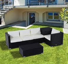 Garden Black Rattan Sofa Set Beige Cushion Steel Frame Table Outdoor Furniture Rattan Corner Garden Furniture Garden Furniture Chairs Garden Patio Furniture