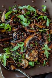 Image result for Green lentil, mushroom, raisin and cucumber salad, with a brinjal pickle and yoghurt dressing