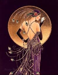 Art Deco Woman Purple Dress And Background Art Deco Artwork Art Deco Paintings Art Deco Cards