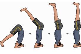 Dengan posisi telapak tangan di matras dan dagu masih menempel ke dada, kedua siku dibengkokkan ke samping dan kepala dimasukkan di antara kedua lengan. Variasi Gerak Spesifik Handstand Guling Depan Dan Guling Belakang