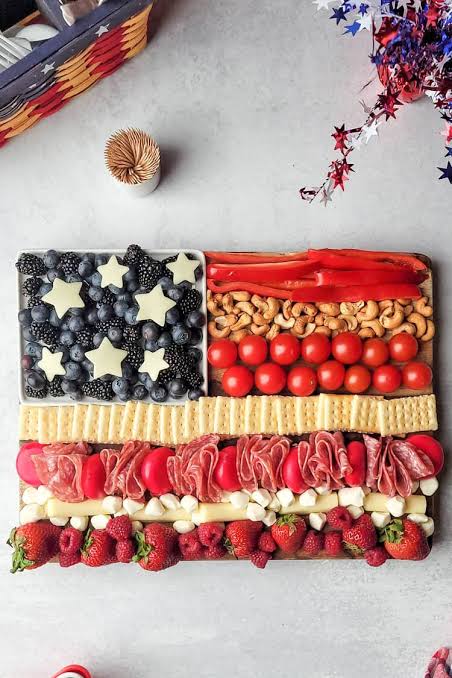 Simple Red, White, and Blue Fruit & Cheese Board, AI generated