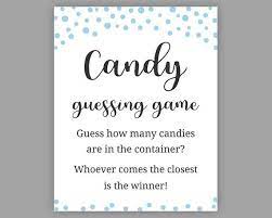 I upcycled an old pickle jar, cleaned it out and filled it with lollies (candy) and decorated it with cut outs using my silhouette cameo. Blue Baby Shower Games Candy Guessing Game Guess How Many Etsy Candy Guessing Game Baby Shower Guessing Game Blue Baby Shower Game
