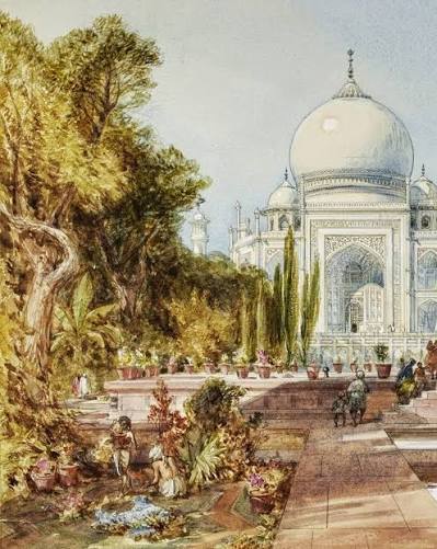 Painting of the Taj Mahal from the Garden, Agra by William Simpson, watercolour on paper, India, 1864. Simpson managed to depict this, the most famous of India's monuments, in an appropriately romantic