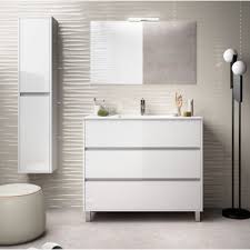 Meuble salle de bain blanc laqué. Meuble De Salle De Bain Sur Le Sol 100 Cm Blanc Laque Avec Lavabo En Porcelaine Standard