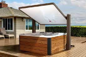 With Uv Protection And A Retractable Awning The Covana Horizon Hot Tub Cover Is An Essential Automated Spa Solution T Hot Tub Cover Tub Cover Hot Tub Swim Spa