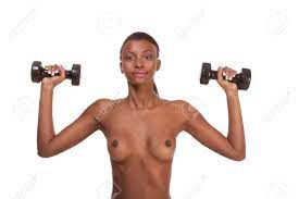 Bodybuilding Nude Topless Black Afro-American Female Weightlifting  Exercising With Dumbbells Stock Photo, Picture and Royalty Free Image.  Image 9897403.