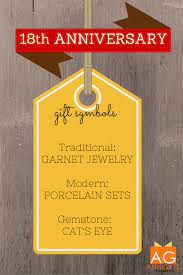 Although there is no specific flower associated with the 18 year anniversary, one of the suggested 18 year anniversary gift ideas is a bouquet of beautiful yellow flowers to represent the happiness and joy at a successful union. 11 18th Anniversary Gift Ideas 18th Anniversary Gifts Garnet Jewelry Anniversary Gifts