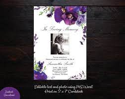 Violet Purple Florals Photo Funeral Announcement Celebration Etsy Celebration Of Life Funeral Program Template Invitations
