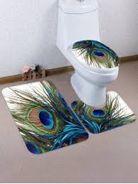 Peacock Feather 3 Pcs Bathroom Toilet Mat