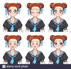 The anime hair business today is continually growing and changing. Set Of Anime Expressions Cute Girl With Buns Hairstyle Wearing Japanese School Uniform Hand Drawn Vector Illustration Isolated On White Stock Vector Image Art Alamy