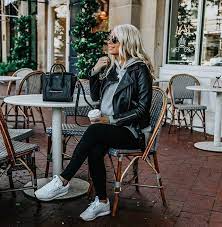 Black Leggings White Sneakers Grey Hoodie Black Leather Jacket Leather Jackets Women Black Leather Jacket Outfit Black Leather Leggings Outfit