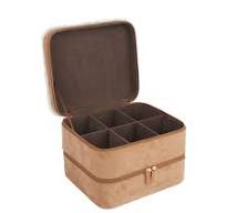 Faux Suede Jewelry Box Two Tier Brown Jewelry Storage Box with Many Compartments and Zipper