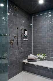 What are good bathroom tiles? Gray Subway Shower Tiles With White Marble Top Bench Contemporary Bathroom Bathroom Remodel Shower Bathroom Remodel Master Shower Remodel