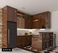 3d kitchen set coklat letter i finishing hpl q3088 published: Model Kitchen Set Hpl Coklat Glossy Dengan Kabinet Bar Desain Dapur Modern Desain Dapur Minimalis