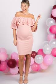 Light Pink Layered Ruffle Off Shoulder Fitted Maternity Dress Fitted Maternity Dress Cute Maternity Outfits Off Shoulder Maternity Dress