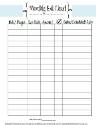 free printable bill chart bill planner bill calendar